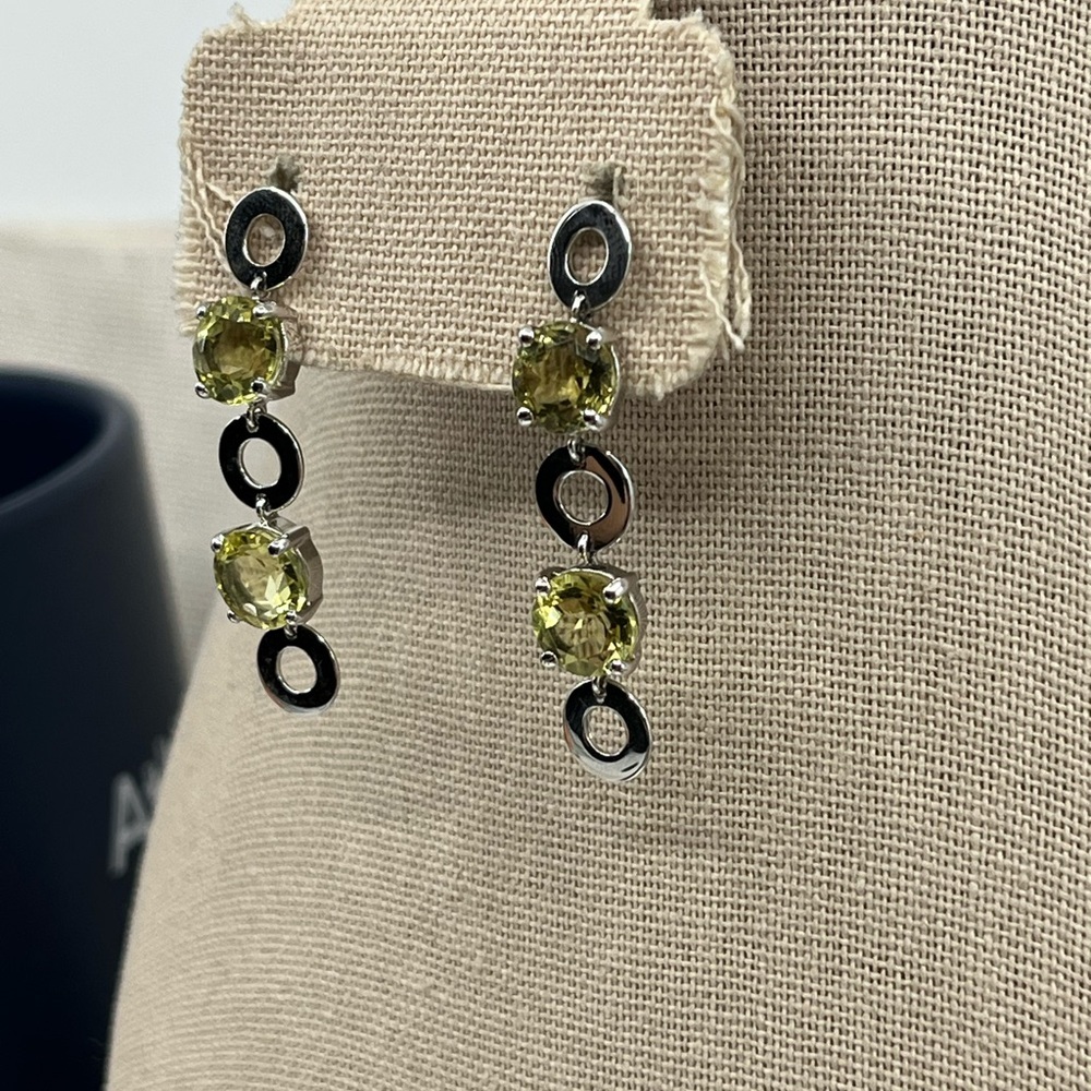 Vintage KN 925 Sterling Silver Yellow-Green Gemstone Dangle Earrings - Picture 9 of 17